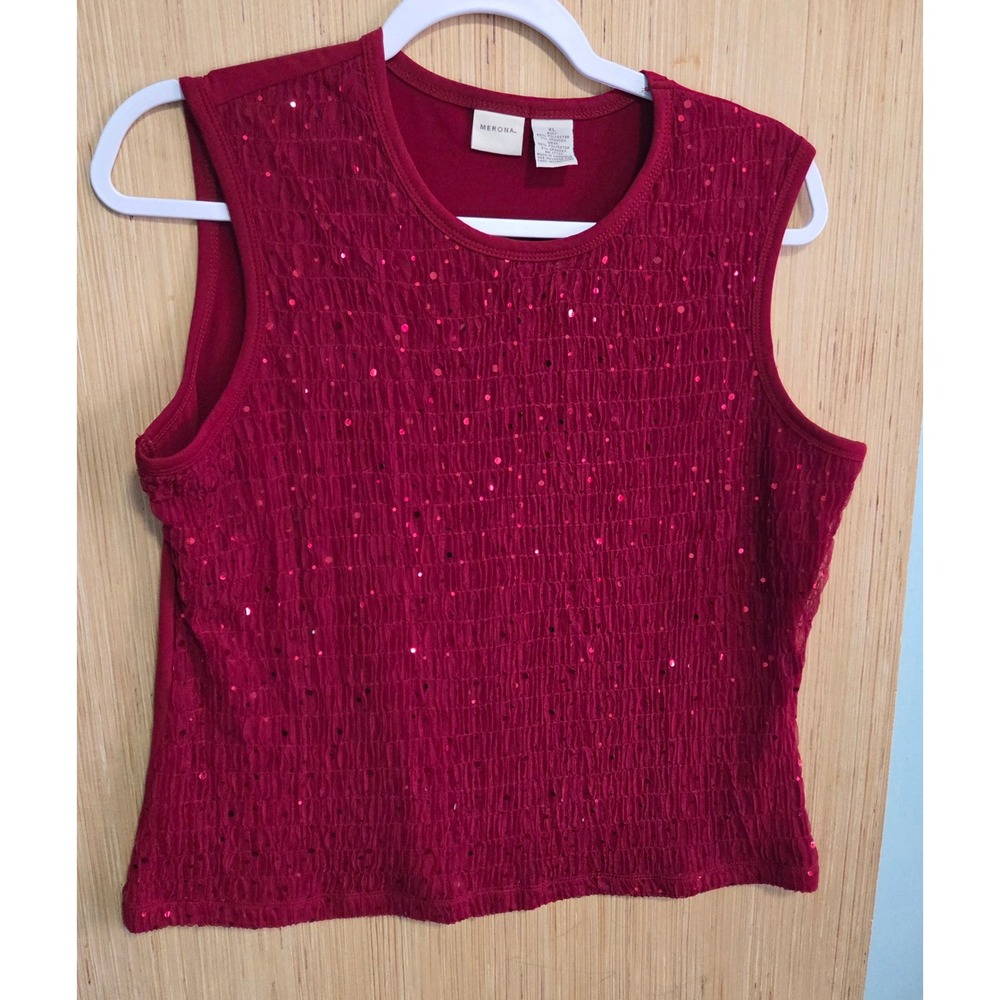 Merona Womens XL Red Sequin Smocked Mesh Front Sleeveless Tank Top Crew Neck